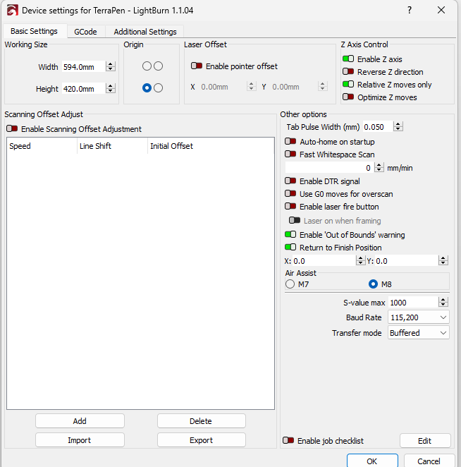 Lightburn device settings