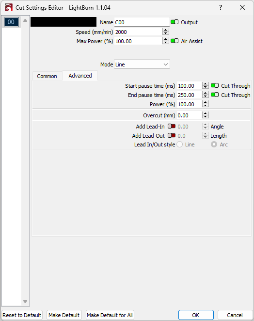 Lightburn advanced cut settings