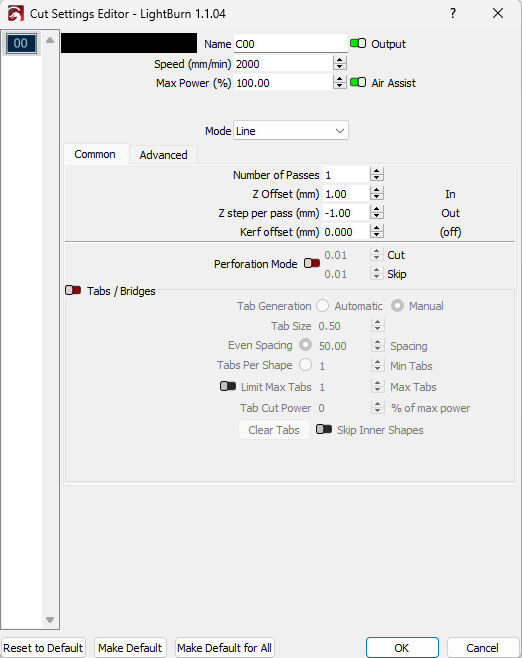Lightburn cut settings editor